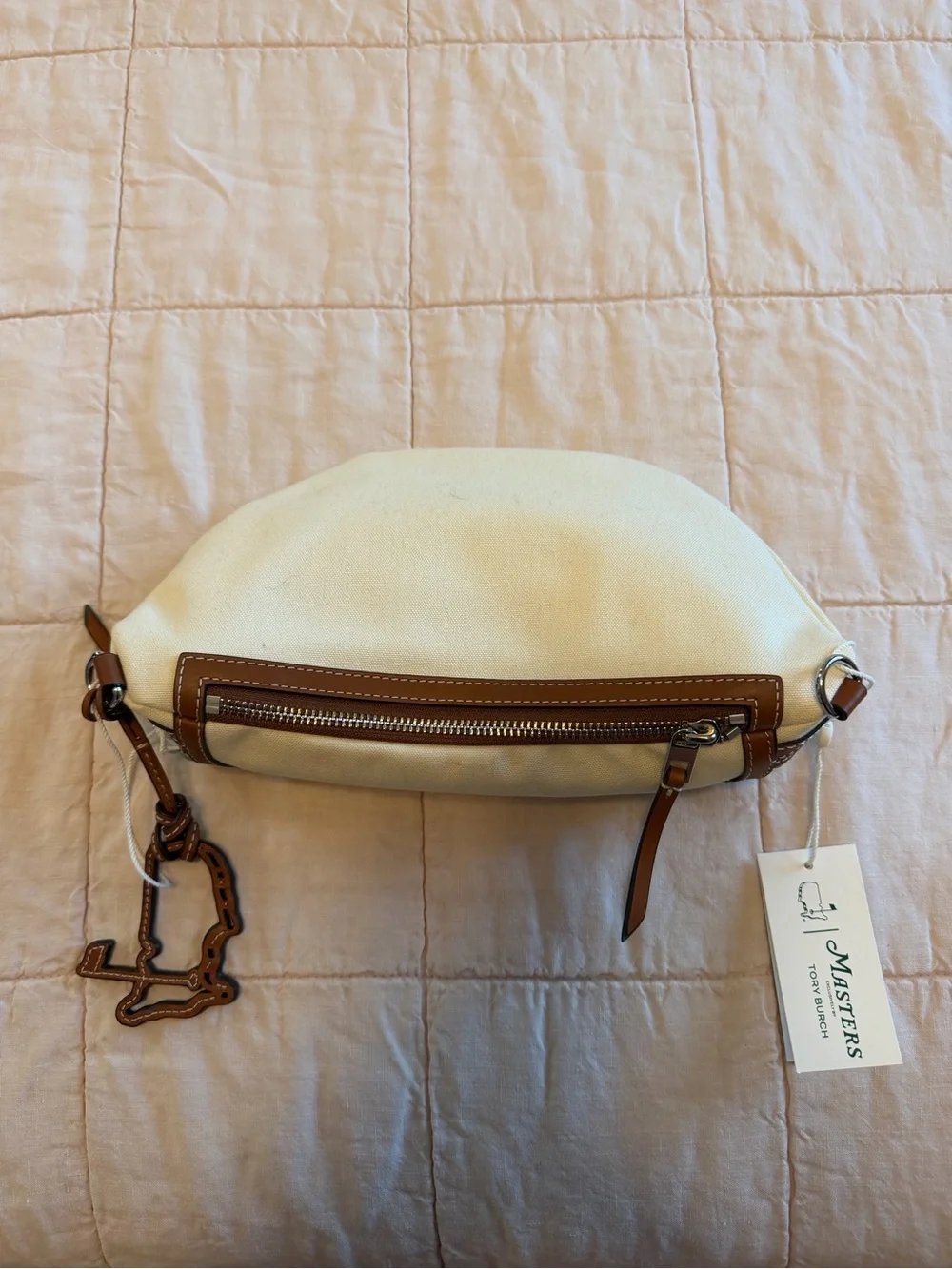 NWT Masters by Tory Burch Cream Canvas Belt Bag with Brown Trim and Green Patch